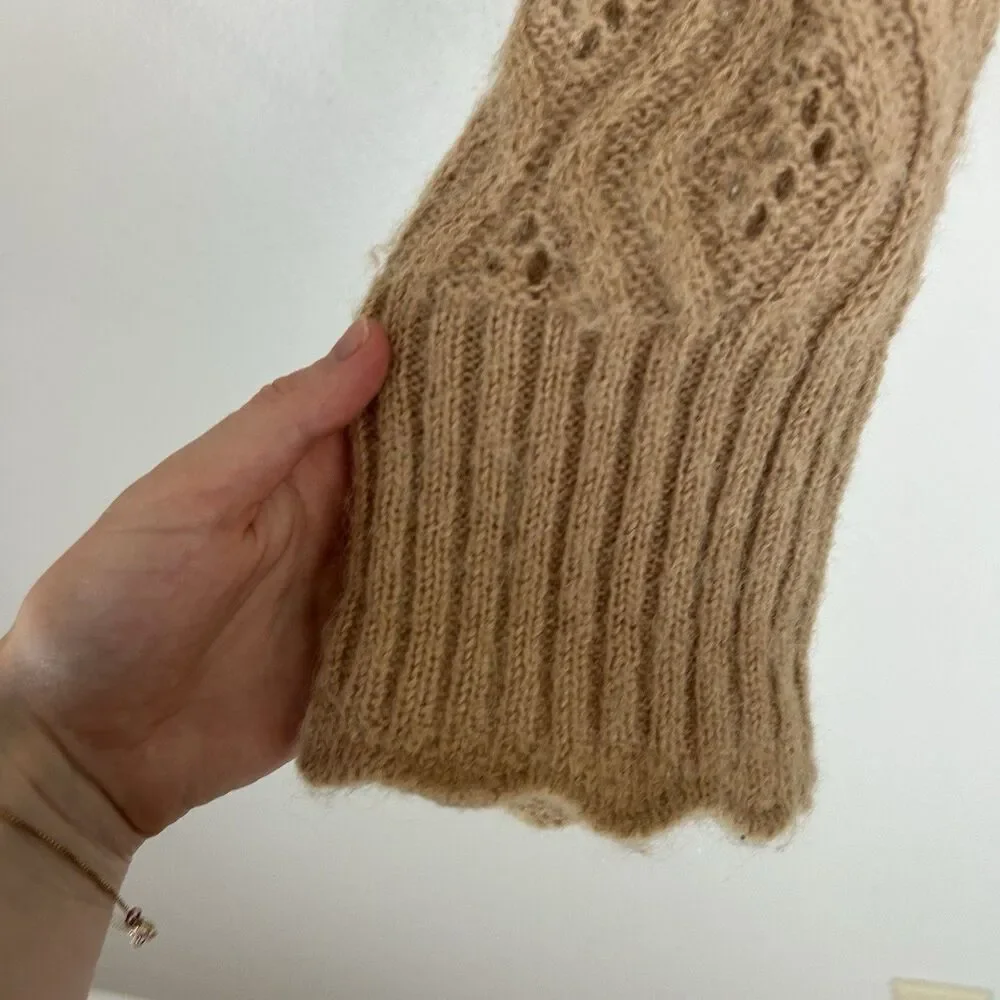 J.crew S Pointelle Sweater Alpaca Wool Camel Tan Scallop Fisherman Quiet Luxury